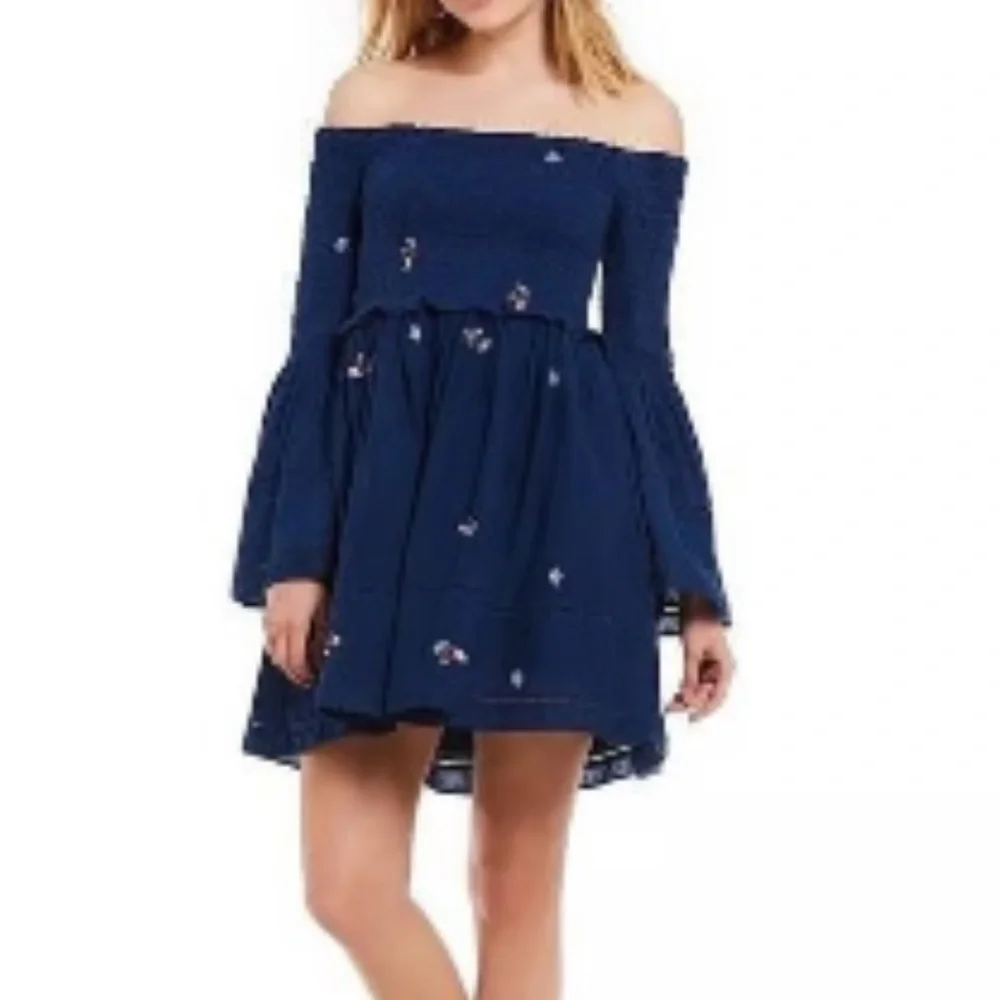 Free People Navy Blue Counting Daises Embroidered Dress Sz Medium